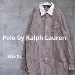 Ralph Lauren ストライプ バーガンディ 長袖シャツ ロゴ入り　XL