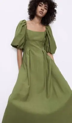新品☆ZARA ザラ パフスリーブロングワンピース green. m.