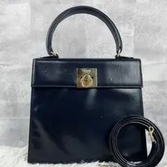美品 セリーヌ レザー ガンチーニ ハンドバッグ フォーマル フラップ ネイビー