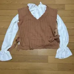 ブラウン ニットベスト Vネック リボン付き