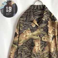 鳥、鶏柄、ニワトリ。長袖シャツ。レーヨン。アロハデザイン。ブランド 
