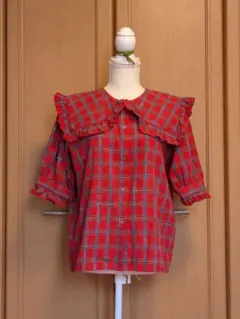 W♡C チェック柄 フリル襟 半袖ブラウス レッド 夏服 綿100%のサムネイル