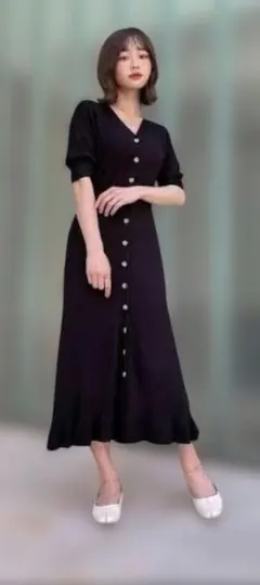 GU黒 ニット 5部袖ロングワンピース