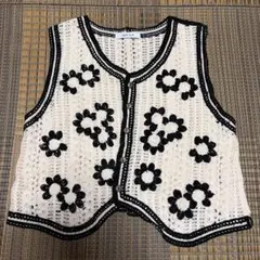 【花柄 ニットベスト】編み込みベスト ホワイト×ブラック レディース 春夏服