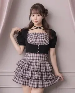 pium 半袖ビジューカーデ×チェックワンピセット