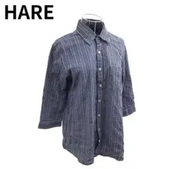 HARE ギンガム シャツ ネイビー ホワイト 七分袖 前開き コットン