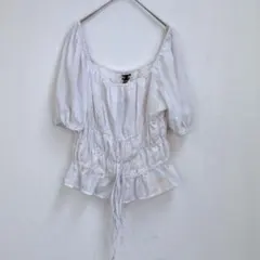 アイキーアンドミー オフショルダー パフスリーブ チェック XL 白 リゾート