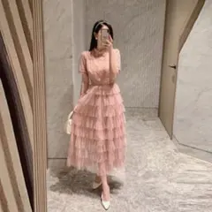 シフォンワンピース ロングドレス フリル ピンク パーティー 結婚式 二次会