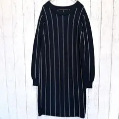 イーブス ニットワンピース ストライプ ネイビー ロング丈 長袖 伸縮性あり M