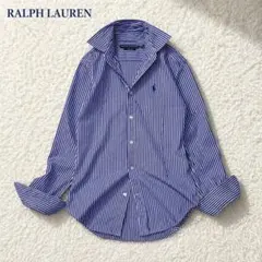 【美品】ラルフローレン 長袖シャツ ストライプ スリムフィット 青×白 Sサイズ