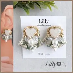 #1008大ぶり/インド刺繍リボン/ハート/パール/ハンドメイドピアスイヤリング