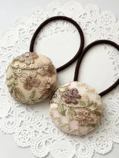 【No.251】インド刺繍 くるみボタン38㎜ ヘアゴム 2個セット