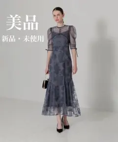 LEJA パイピング加工リボンパフスリーブボレロ花柄マーメイドワンピースドレス