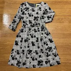 花柄チェック七分袖ワンピース