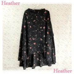 Heather ヘザー 花柄フレアロングスカート 黒 巻きスカート風 アシメのサムネイル