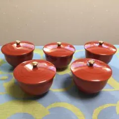 蓋付き湯呑み　5客セット　朱色