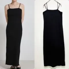 ダブルストラップカップ付きリブキャミワンピース　ブラック　リブニット　S