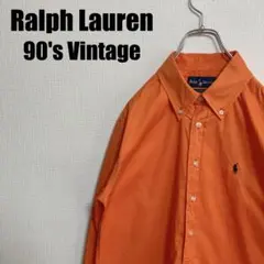 90sラルフローレンオレンジボタンダウンシャツMワンポイントポニー長袖BLAKE