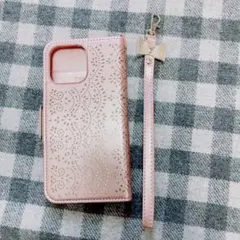 ピンク レーザー彫刻 手帳型ケース　iPhone13proMAX