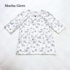 5分袖花柄カットソー(M-L)ストレッチ　リネン混　ナチュラル　大人カジュアル