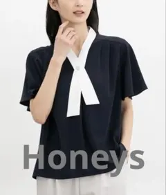 ［未使用タグ付き］【Honeys】配色ボウタイブラウス　Ｌ