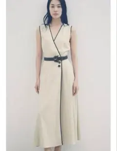 タグ付き新品★ZARAのリネンベルト付きミディ丈ワンピース★XS★ライトベージュ
