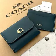 コーチ☆新品☆レザー カードホルダー 三つ折り財布／グリーン緑