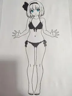 魂魄妖夢 水着 手描きイラスト 東方Project 美少女 A4 4