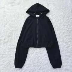 美品✻1 PERCENT ELEVEN フード付パーカー クロップド 裾ゴム 黒