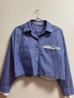 ZARA 青と白のストライプ クロップドシャツ S-M