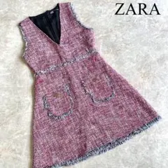ZARA ザラ フリンジ仕様 ノースリーブ ツイードワンピース レディース S