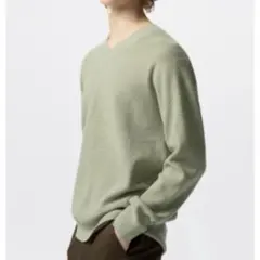 UNIQLO ユニクロ　メンズ　Vネック　ニット　ワッフル　グリーン　長袖　春