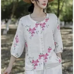 ラウンドネック パフスリーブ 刺繍 綺麗め ブラウス レトロ きれいめコーデ