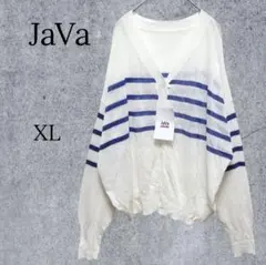 944【Java】Vネックオーバーサイズニットカーディガン ボーダー 白 XL