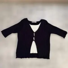 RETROGIRL ネイビーリブ編み五分袖カーディガン