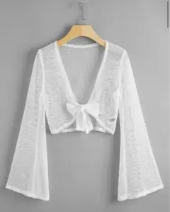 ホワイト メッシュ クロップドカーディガン