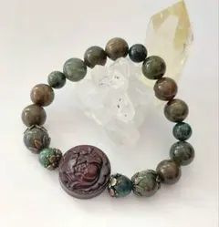 グリーンオパール 紫檀の牡丹彫刻パーツのブレスレット