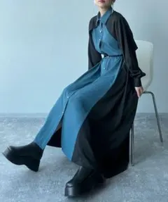 【美品】HARE　サイドバイカラーワンピース　グリーン×ブラック　ベルト付き