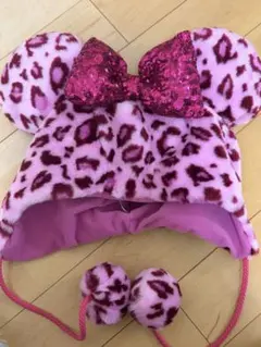 ミニーマウス風ピンクヒョウ柄帽子