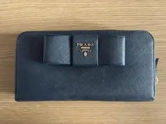 【美品 PRADA プラダ】サフィアーノ リボン 長財布 ブラック ウォレット