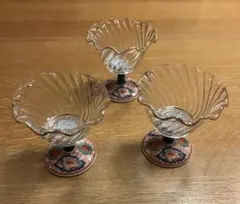 三洋陶器 龍峰窯 つみき 赤絵花鳥 ガラスデザート鉢揃 高台小鉢 輪花鉢 和食器 三洋陶器 龍峰窯 つみき 赤絵花鳥 ガラスデザート鉢揃 和食器 3客