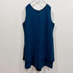 サロペット 【L】ショートパンツ 重ね着風 大人可愛い ネイビー