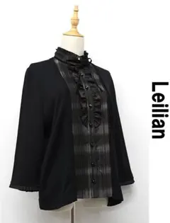 U420/美品 Leilian ブラウス ピンタック リボン フリル 13+ 黒のサムネイル