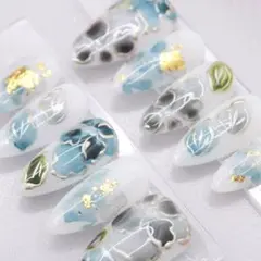 【408】ネイルチップSサイズ 青　白　グレー 花柄　ニュアンス 金箔 シルバー