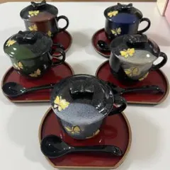 カップセット 茶碗蒸しセット　5個入り　蓋付き　トレイ付き　スプーン付き　蝶模様