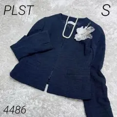 PLST プラステ　ツイードノーカラージャケット ネイビー S