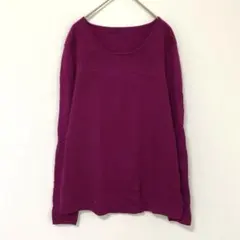 最高級 メリノウール 無地 ニット クルーネック 長袖 M 紫 毛 100