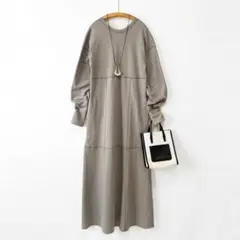 アダムエロぺ ステッチ裏毛ロングワンピース フレア袖 グレージュ