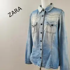 ザラ ティーアールエフZARA ウォッシュ加工カジュアルデニムシャツブルーSのサムネイル