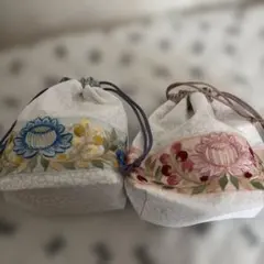 インド刺繍リボン使用巾着袋 2点セット 花柄